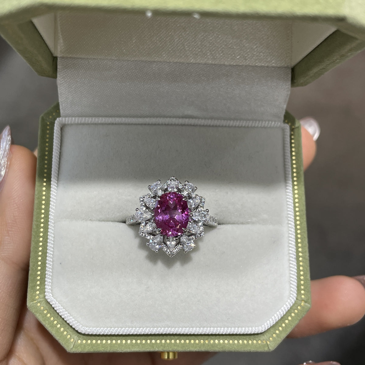 Lab-Created Pink Sapphire Oval Halo Ring in 925 Sterling Silver product image