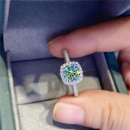 Green Moissanite Halo Ring for Women, Cushion Cut Solitaire Engagement Ring, Promise Ring, Available in 0.5 to 5 Carat Looks