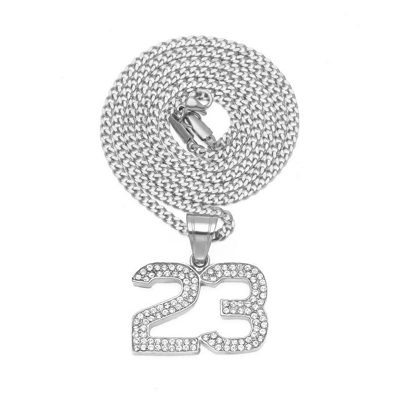 Iced Number 23 Pendant Necklace with 3mm Cuban Chain - Stainless Steel Gold or Silver Hip Hop Statement Necklace for Women and Men