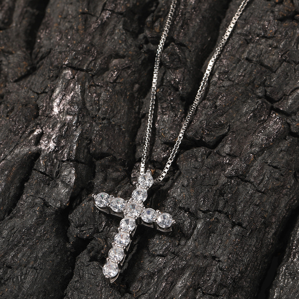 Sterling Silver Cross Pendant Necklace with Cubic Zirconia on Box Chain