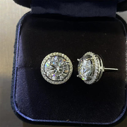 Round Cut Moissanite Stud Earrings with Halo, White Stone Earrings for Women