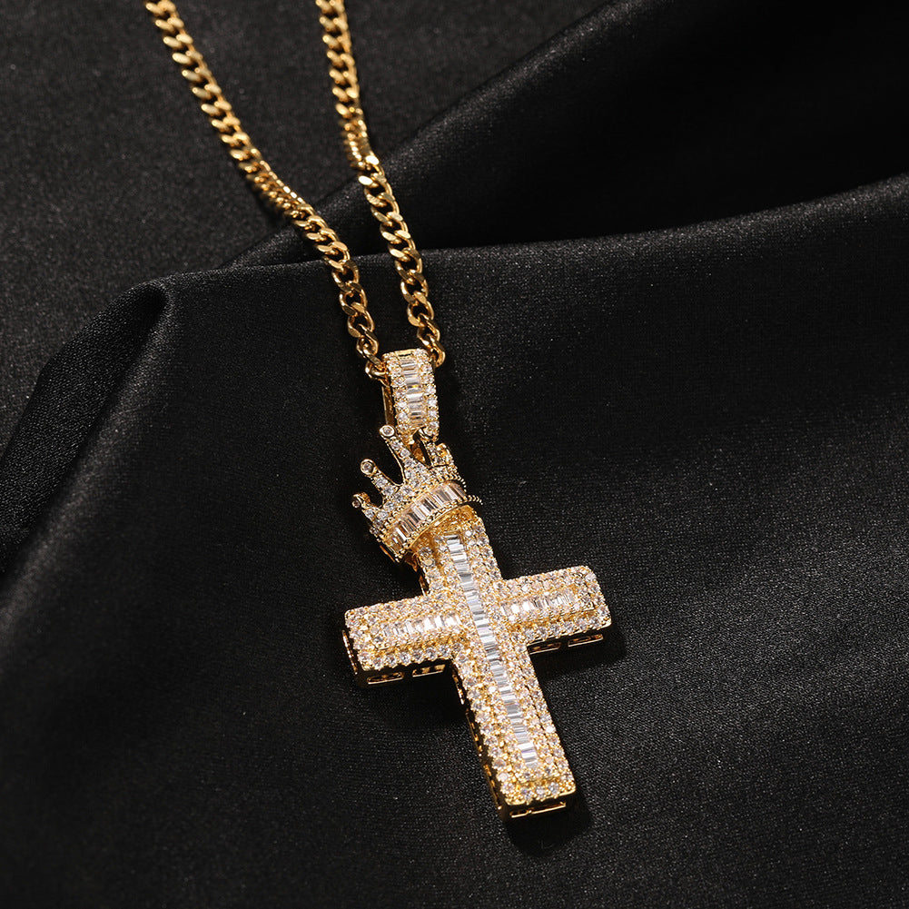 Iced Out Cross Pendant Necklace with Crown Detail for Men & Women - Cubic Zirconia Statement Chain in Gold or Silver