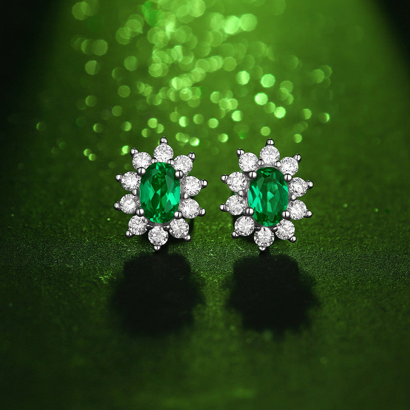 Lab-Created Emerald Oval Halo Stud Earrings, S925 Silver product image
