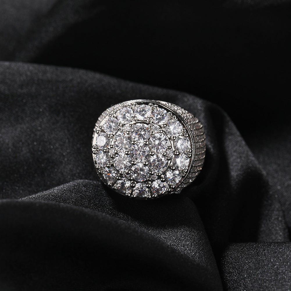Men’s Gold Plated Flower Cluster Cubic Zirconia Statement Ring – Round Hip Hop Style