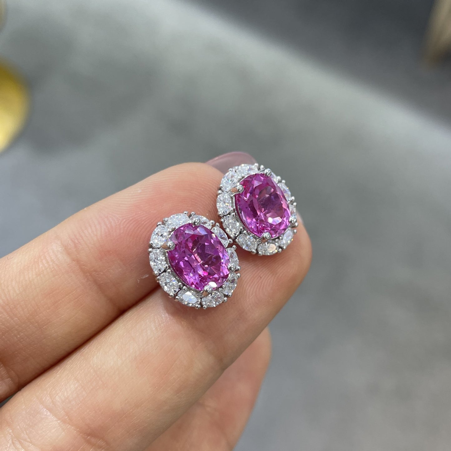 925 Silver Oval Pink Sapphire Halo Stud Earrings product image
