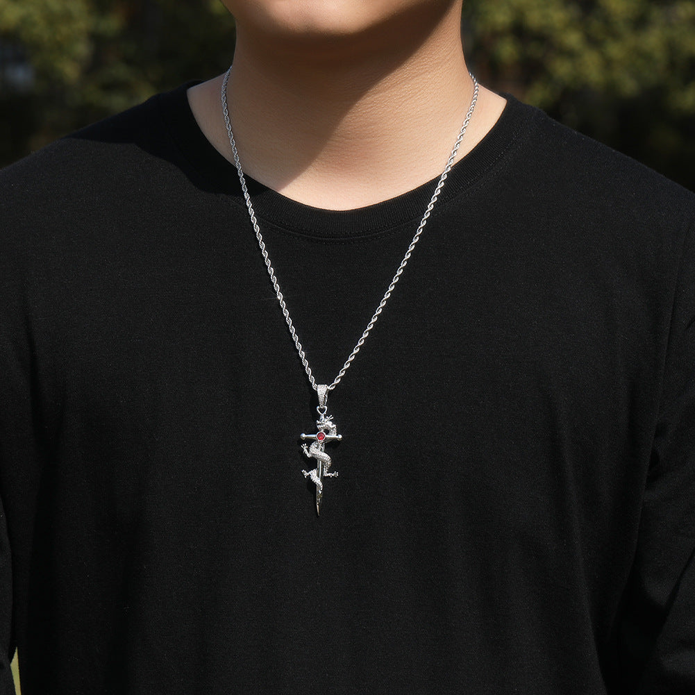 Iced Lizard Cross Pendant Necklace with Cubic Zirconia Twisted Chain - Silver, Blue, Red & Black Statement Necklace