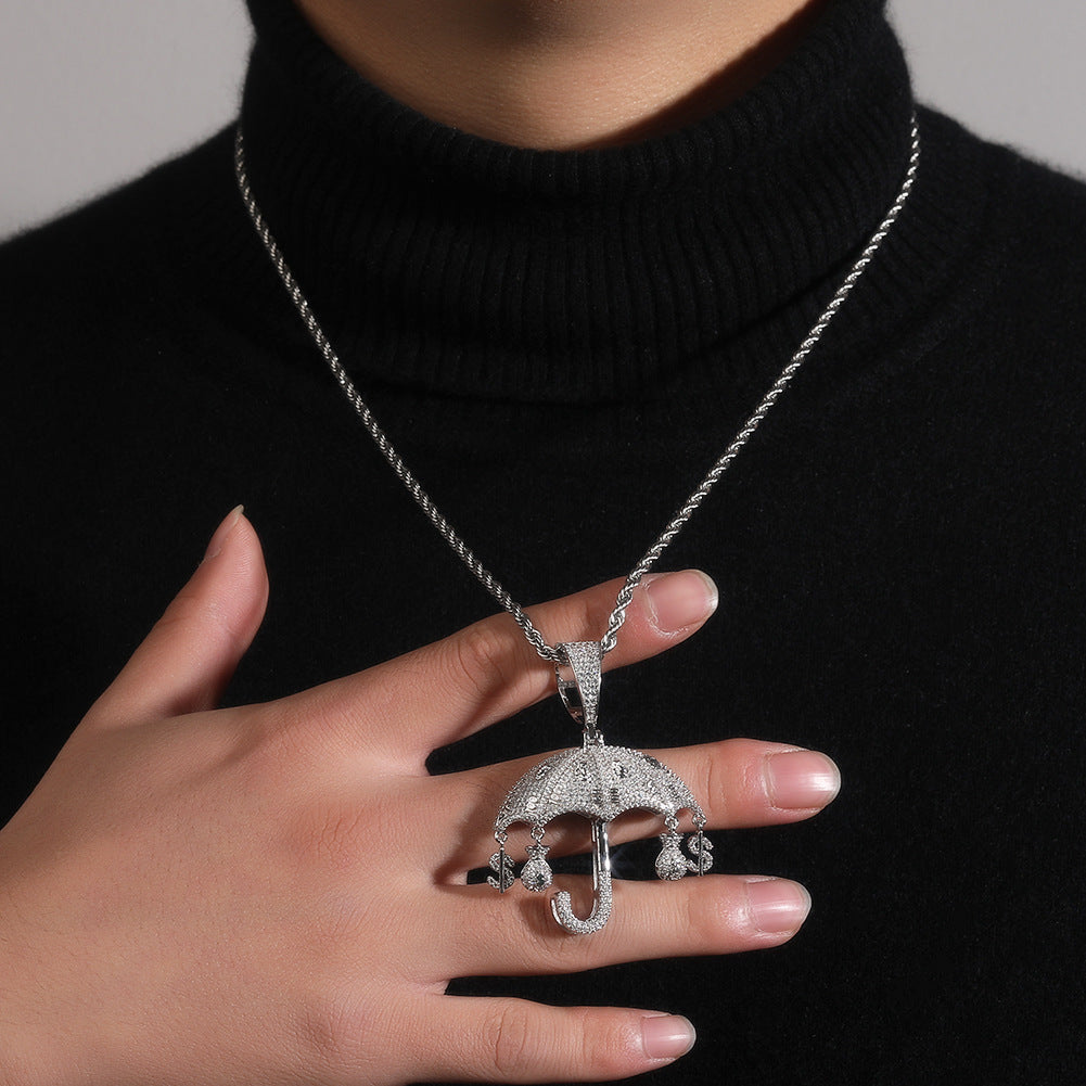 Iced Umbrella Pendant Necklace for Women – Cubic Zirconia Hip Hop Statement Chain in Gold or Silver Tone, 24 Inch Twisted Rope Chain