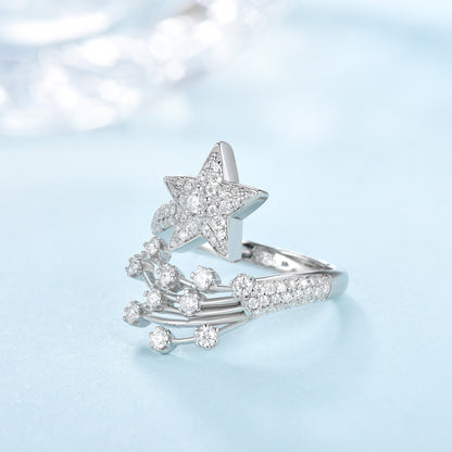 Moissanite Star Open Ring for Women, Silver Comet Celestial Ring