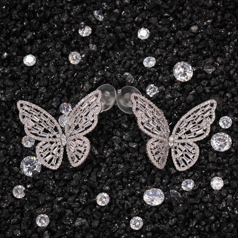 Pink Butterfly Cubic Zirconia Stud Earrings for Women - Rose Gold Tone Copper Statement Earrings
