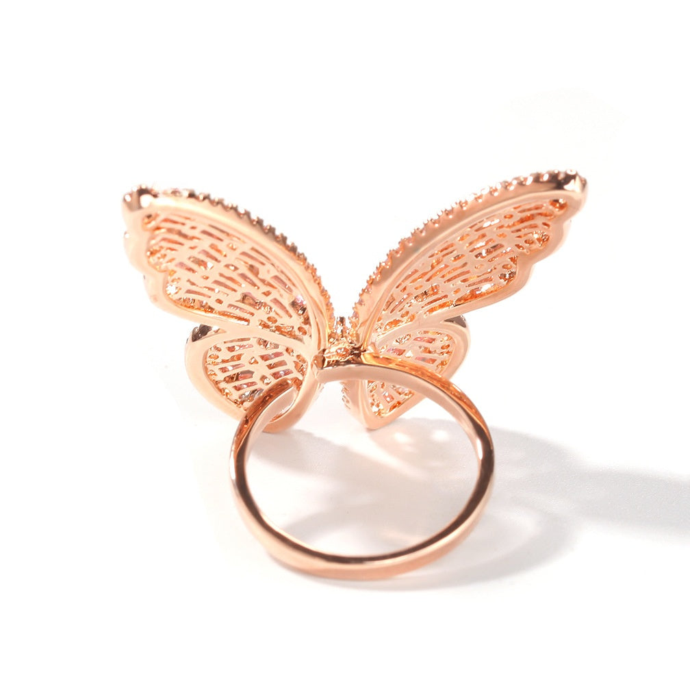 Adjustable Butterfly Ring with Pink Cubic Zirconia in Rose Gold Tone for Women and Men