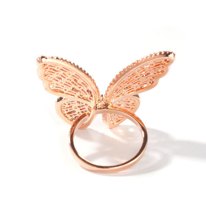 Adjustable Butterfly Ring with Pink Cubic Zirconia in Rose Gold Tone for Women and Men