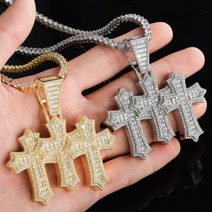 Hip Hop Geometric Cross Copper Pendant Necklace For Men And Women