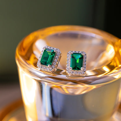 Lab-Grown Emerald Octagon Halo Stud Earrings for Women, S925 Silver