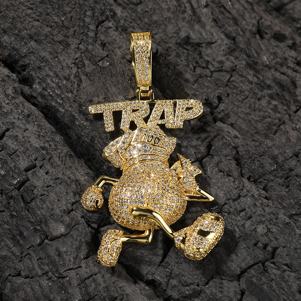 Iced Out Cartoon Pendant Necklace for Women and Men - Cubic Zirconia Hip Hop Statement Chain in Gold or Silver, 24 Inch Twist Chain