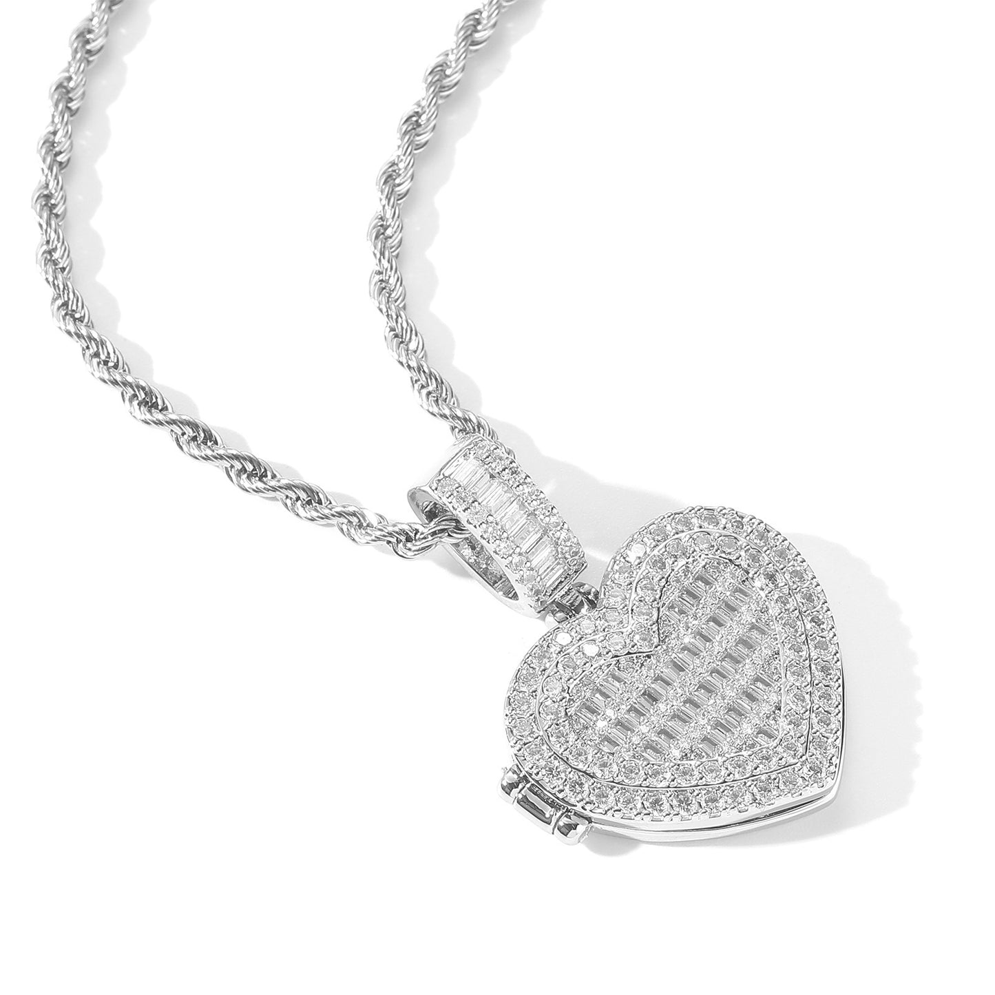 Square Round Photo Frame Cubic Zirconia Pendant Necklace for Men and Women