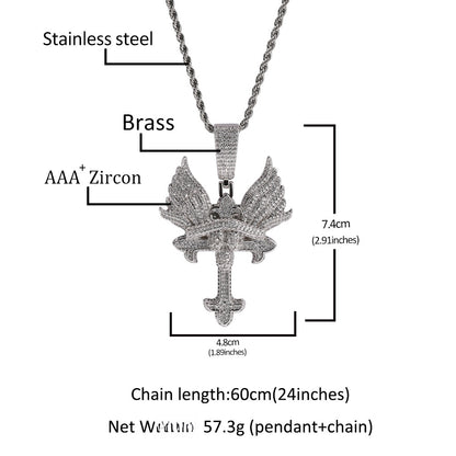 Iced Winged Cross Pendant Necklace with Twisted Chain for Women & Men