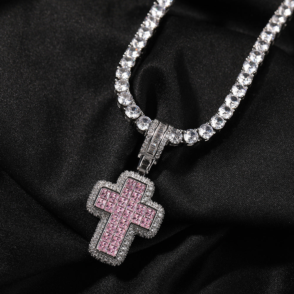 Pink Cubic Zirconia Cross Pendant Necklace for Women with Silver-Tone Twisted Chain