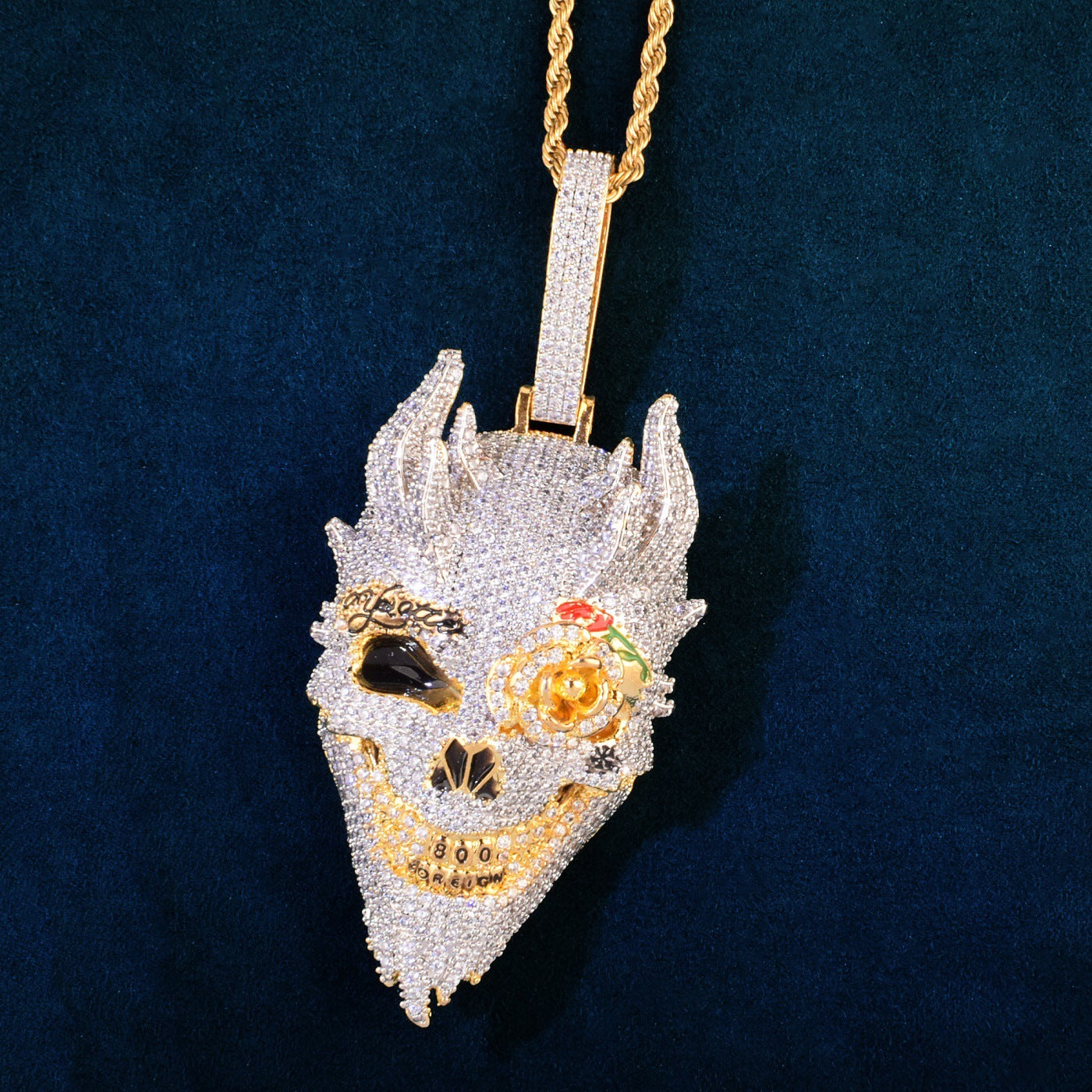 Iced Out Asymmetrical Skull Pendant Necklace