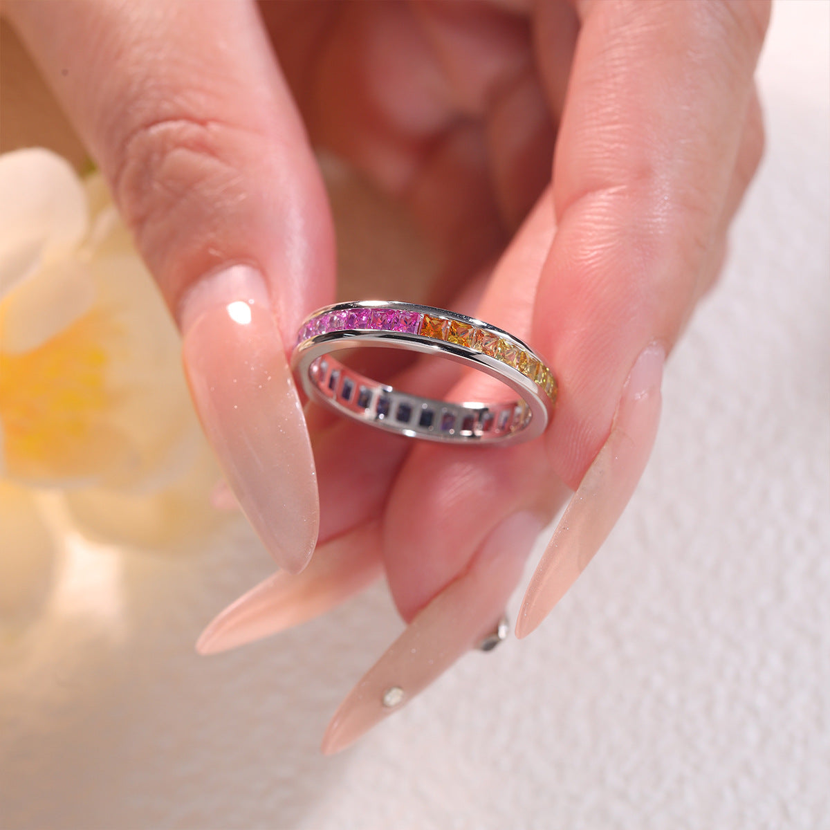 Rainbow Gradient Princess Cut Lab-Created Sapphire Eternity Ring, 2mm, S925 Sterling Silver, 18K Gold Plated product image