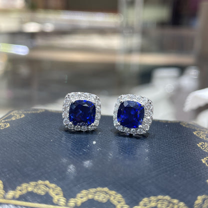 Square Halo Stud Earrings, Cushion Cut Colored Stone Ear Studs, Red and Blue Sparkle Earrings for Everyday Wear