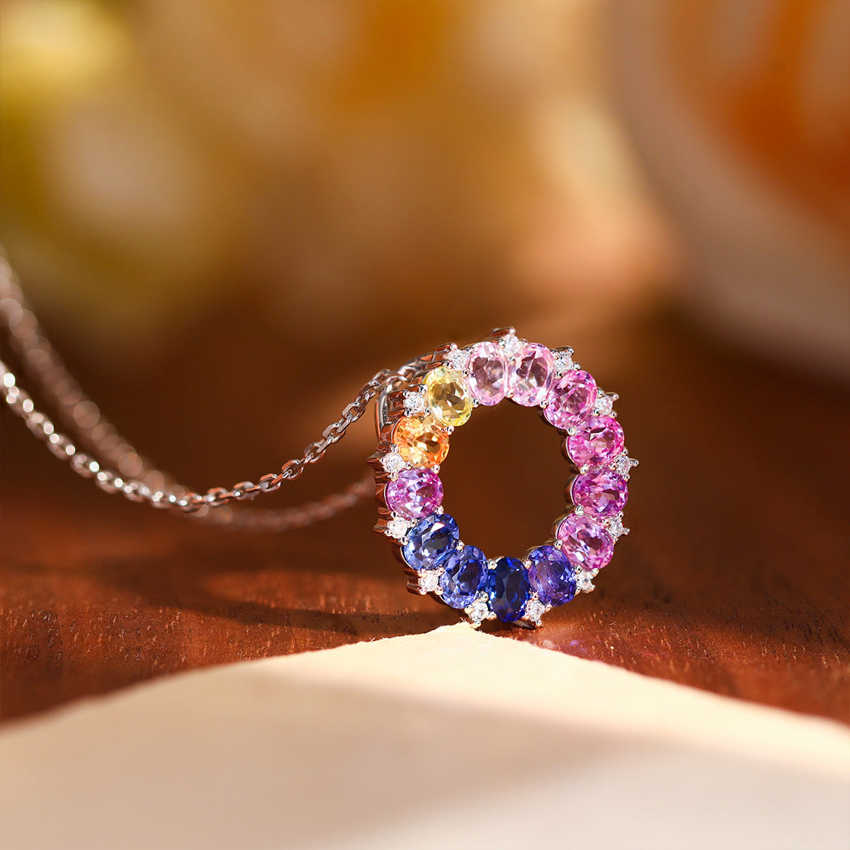 Rainbow Circle Pendant Necklace, S925 Silver Colored Stone Halo for Women product image