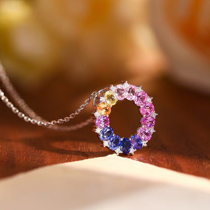 Rainbow Circle Pendant Necklace, S925 Silver Colored Stone Halo for Women