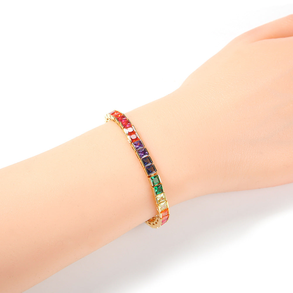 Gold Plated Rainbow Cubic Zirconia Tennis Bracelet for Women - Trendy Geometric Statement Chain Bracelet