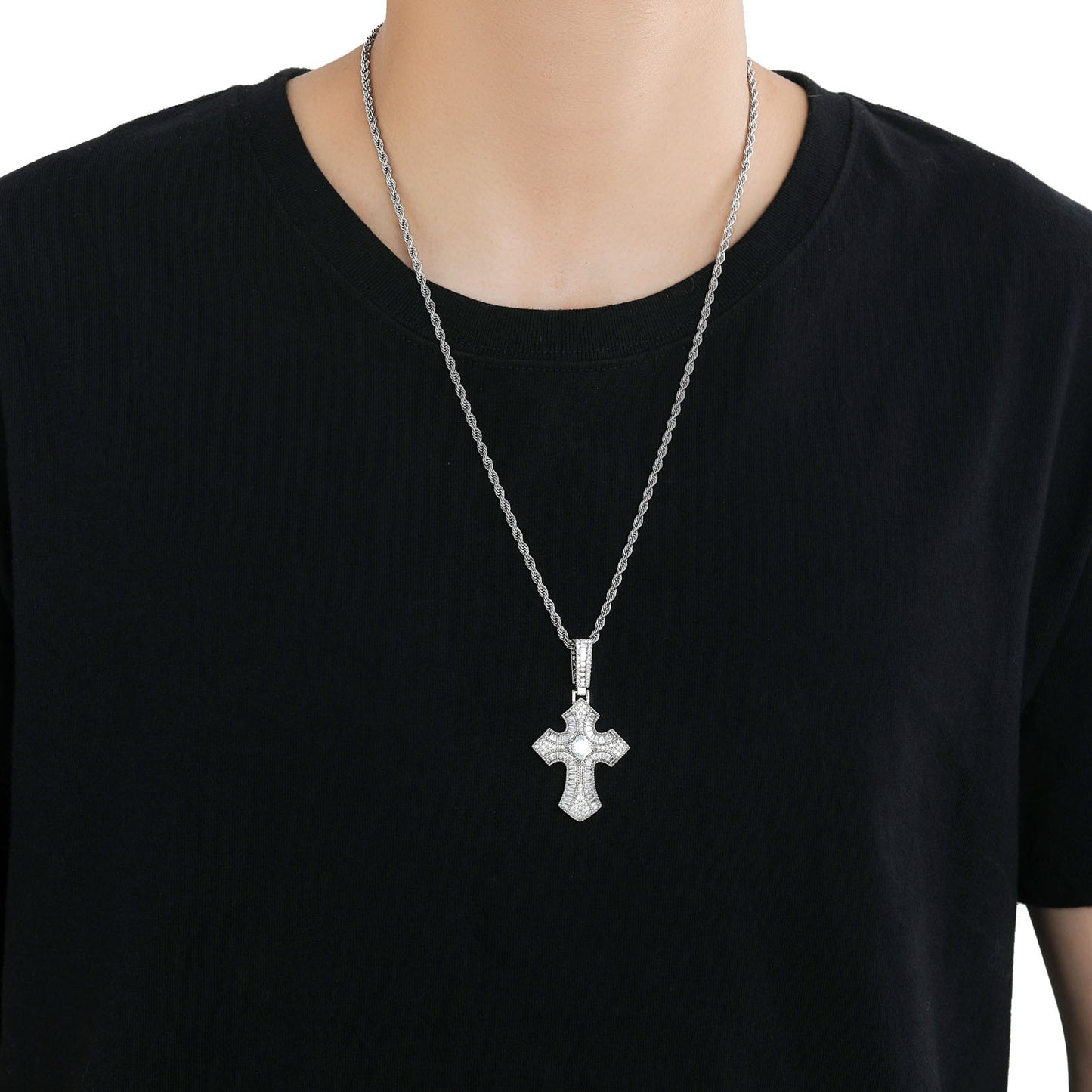Vintage Light Luxury Cross Square Cubic Zirconia Pendant Necklace for Men and Women