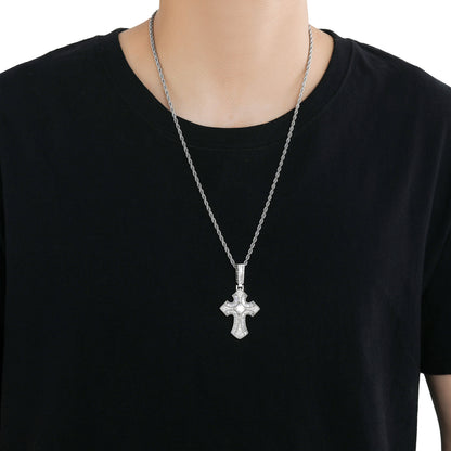 Vintage Light Luxury Cross Square Cubic Zirconia Pendant Necklace for Men and Women