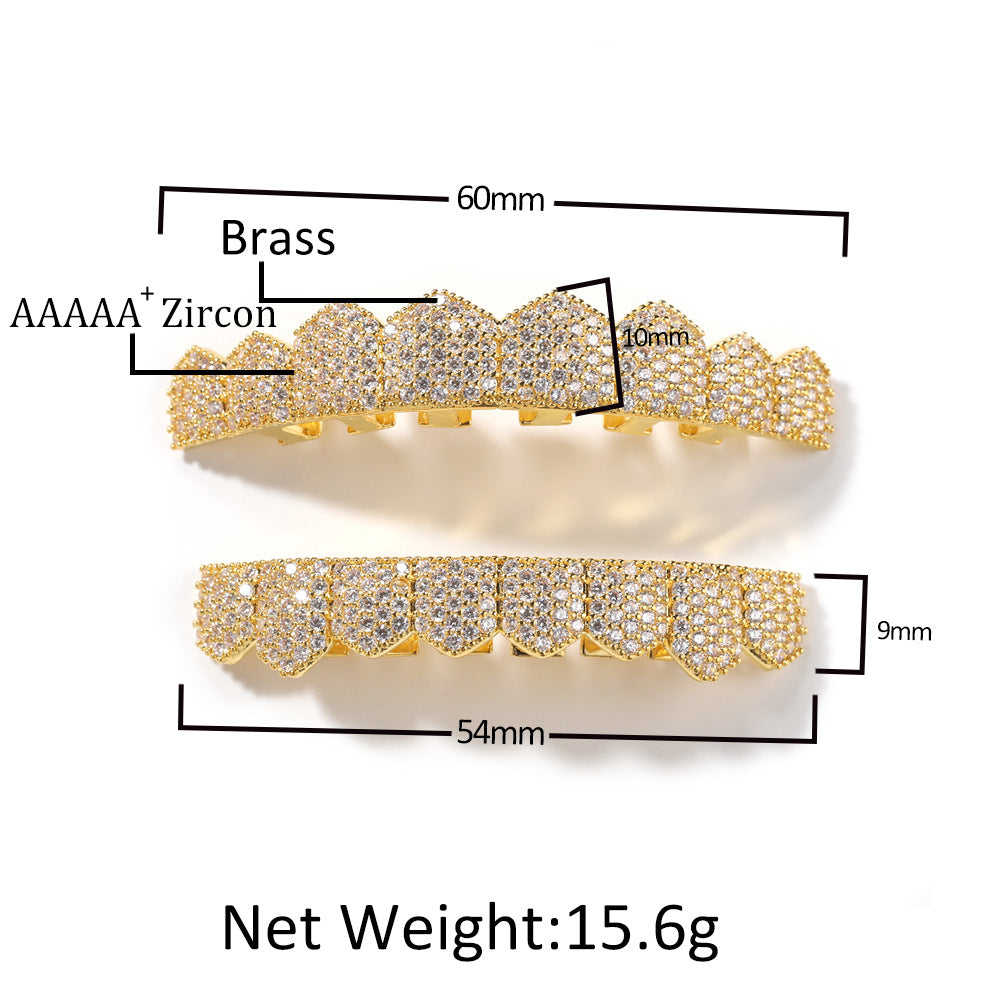 Iced Fang Grillz with Cubic Zirconia – Gold or Silver Upper/Lower Hip Hop Statement Teeth Jewelry