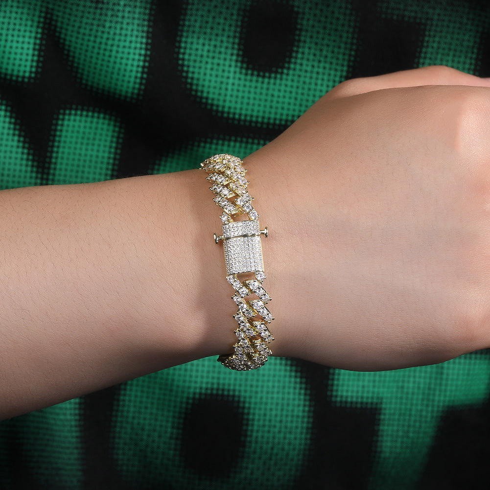 Men’s Iced Geometric Cuban Link Chain Necklace Bracelet with Cubic Zirconia, Gold Plated or Silver Plated Statement Jewelry