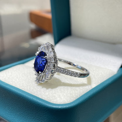 Oval Lab-Grown Sapphire Halo Ring, Blue Statement Ring, S925 Style
