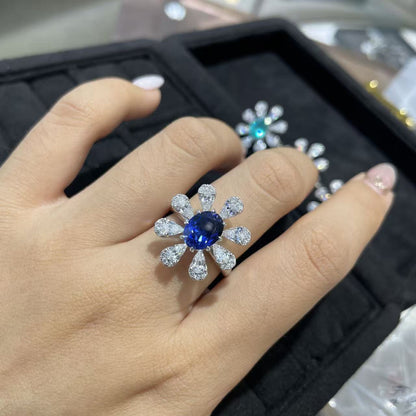 925 Silver Flower Ring, 2 Carat Oval Gemstone Daisy Cluster Ring for Women