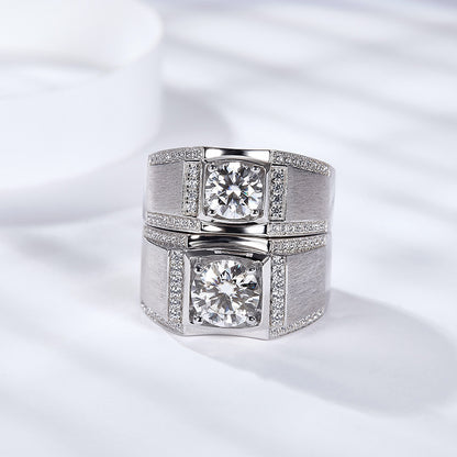 Moissanite Wedding Ring for Men, Wide Brushed Band with Round Center Stone