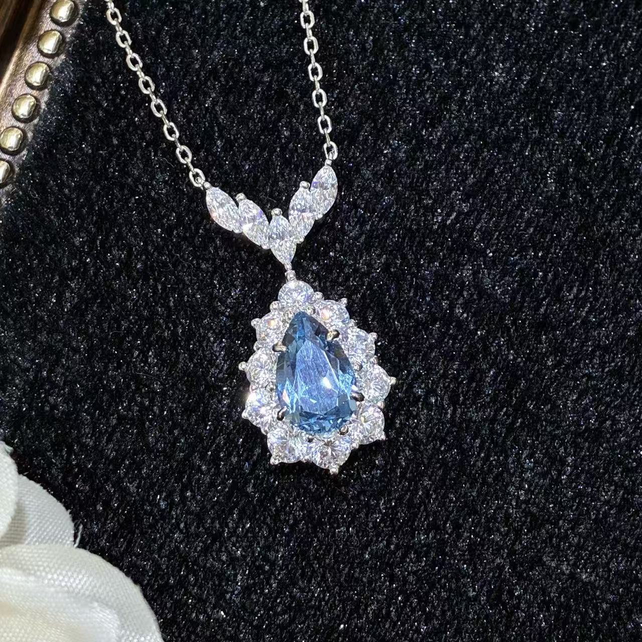 Blue Teardrop Spinel Pendant Necklace, Floral Halo Sparkling Gem Necklace product image
