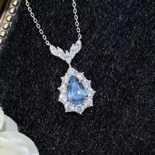 Blue Teardrop Spinel Pendant Necklace, Floral Halo Sparkling Gem Necklace product image