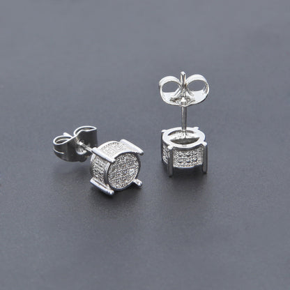 Unisex Round Micro Pave Stud Earrings in Gold or White Gold Tone
