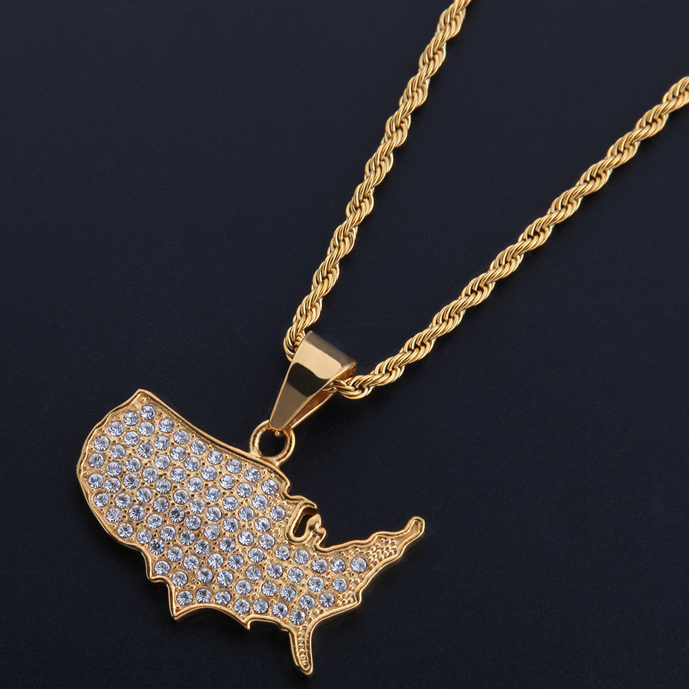 Men’s Gold Tone USA Map Pendant Necklace - Iced Out Stainless Steel Rope Chain Statement Necklace