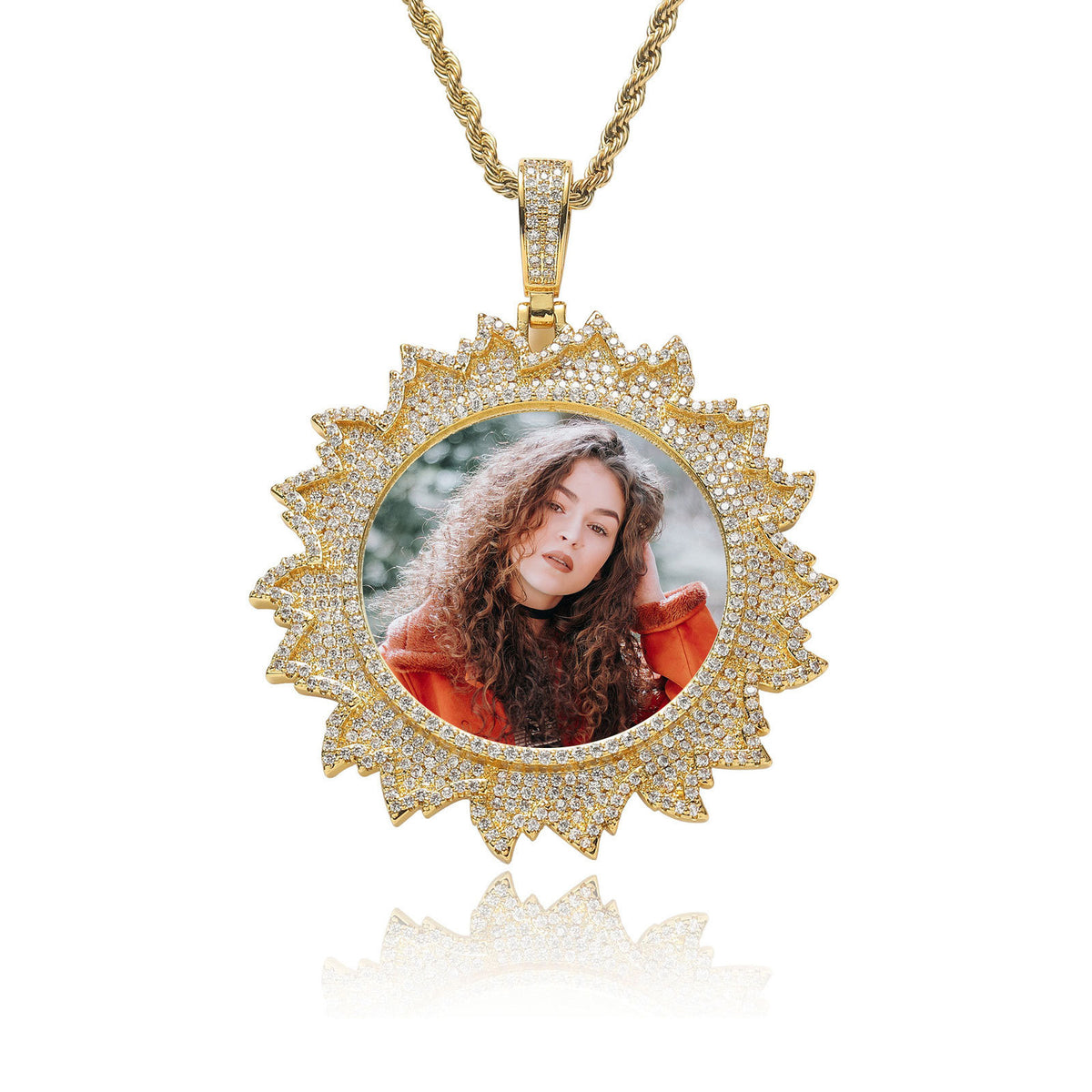 Hip Hop Floral Round Photo Copper Pendant Necklace for Men and Women product image