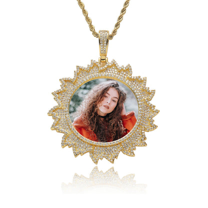 Hip Hop Floral Round Photo Copper Pendant Necklace for Men and Women