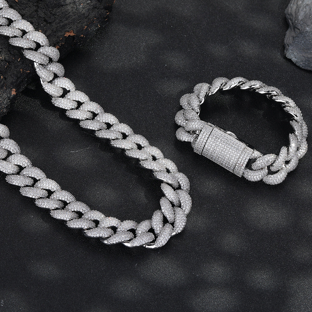 Iced Out Cuban Link Chain Necklace & Bracelet Set, 20MM Zircon Pavé Hip Hop Jewelry, Unisex