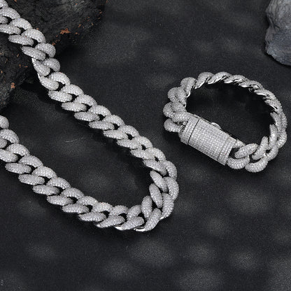 Iced Out Cuban Link Chain Necklace & Bracelet Set, 20MM Cubic Zirconia Pavé Hip Hop Jewelry, Unisex