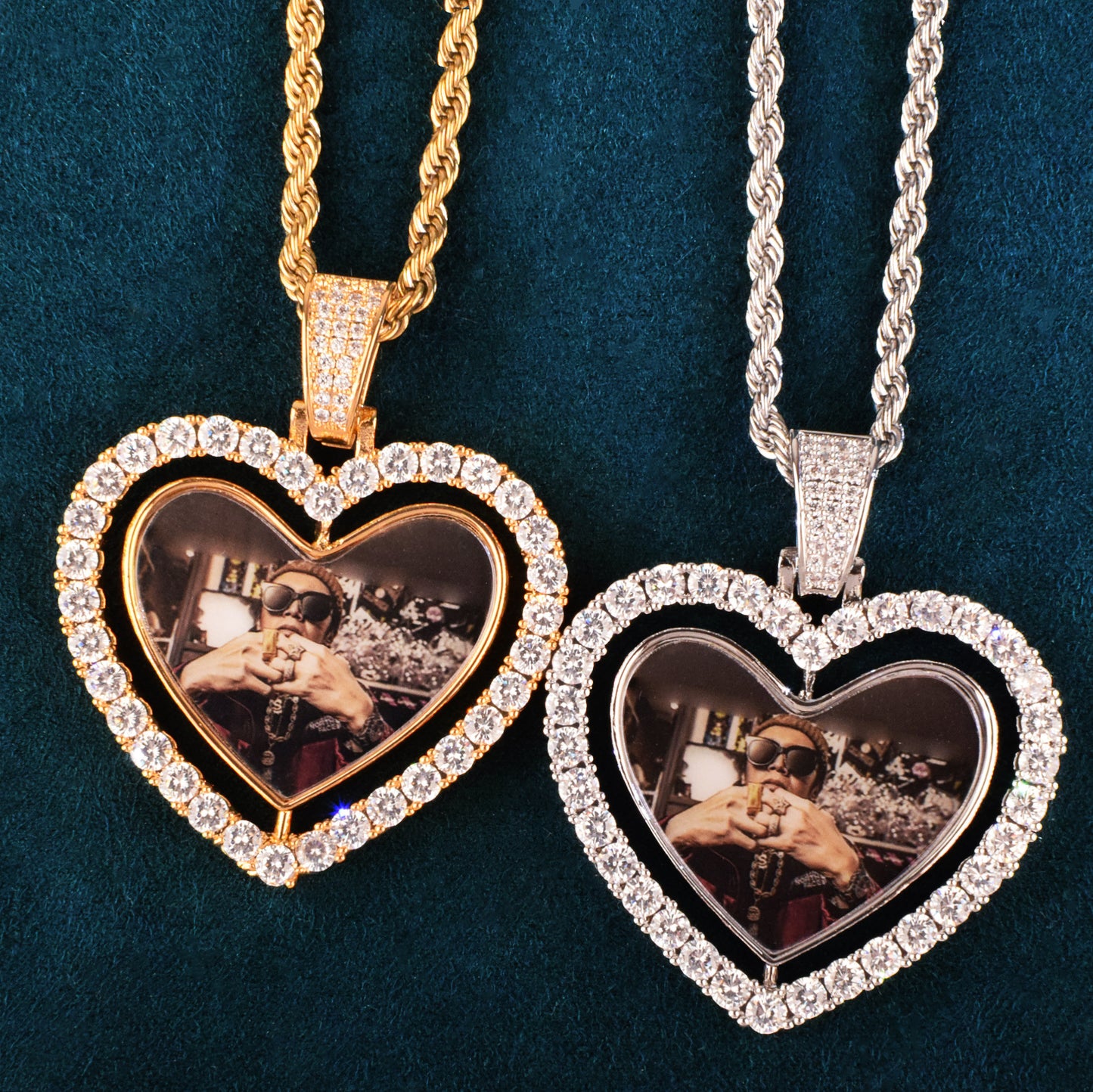 Unisex Iced Out Heart Photo Pendant Necklace