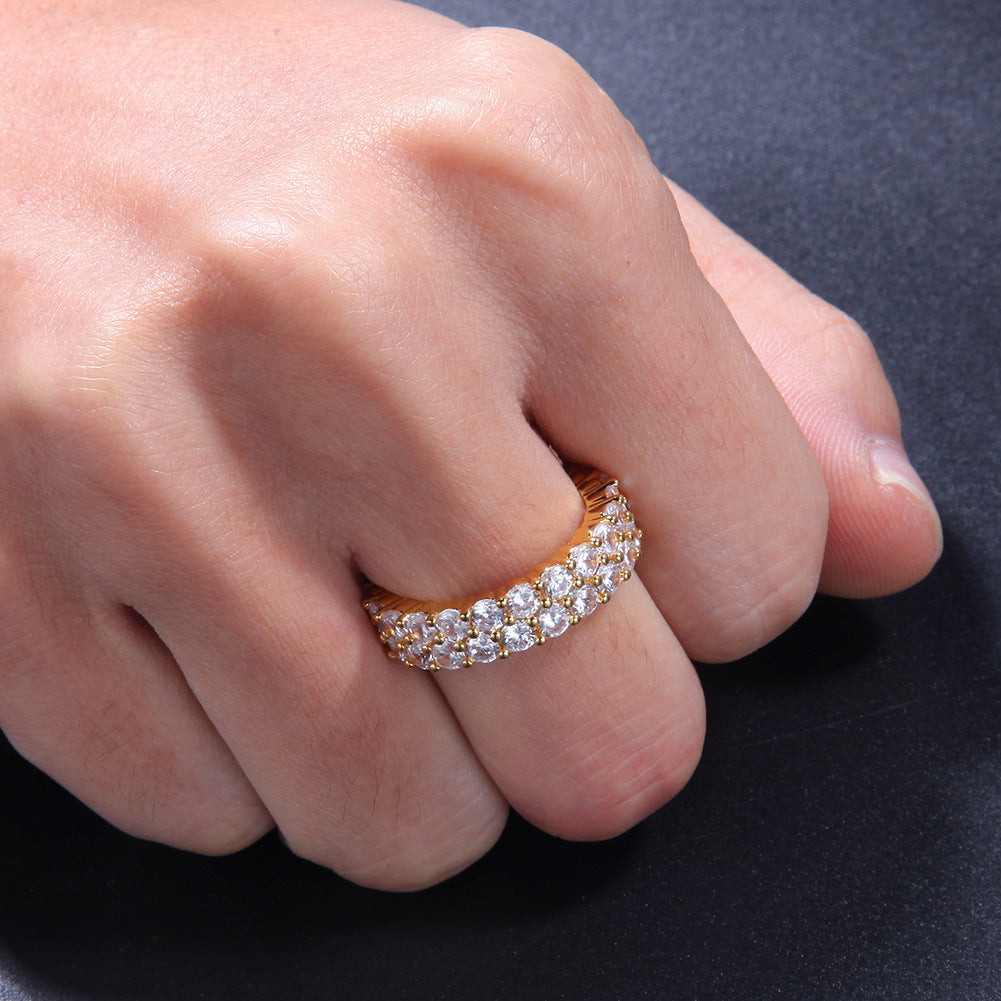 Unisex Double Row Cubic Zirconia Statement Ring – Round Cut Gold & Silver Hip Hop Style Band