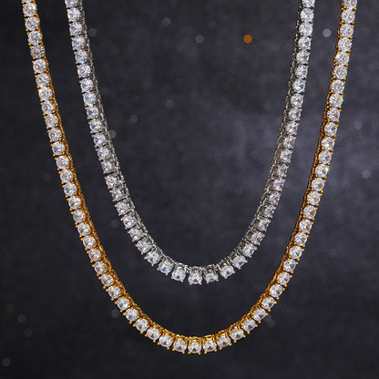 Unisex Iced Out Tennis Chain Necklace or Bracelet, Round Cut Cubic Zirconia Geometric Hip Hop Chain in Gold or Silver Tone