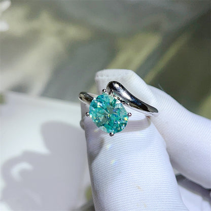2 Carat Paraiba Green Moissanite Ring for Women in S925 Silver, U-Shape Solitaire Engagement Ring