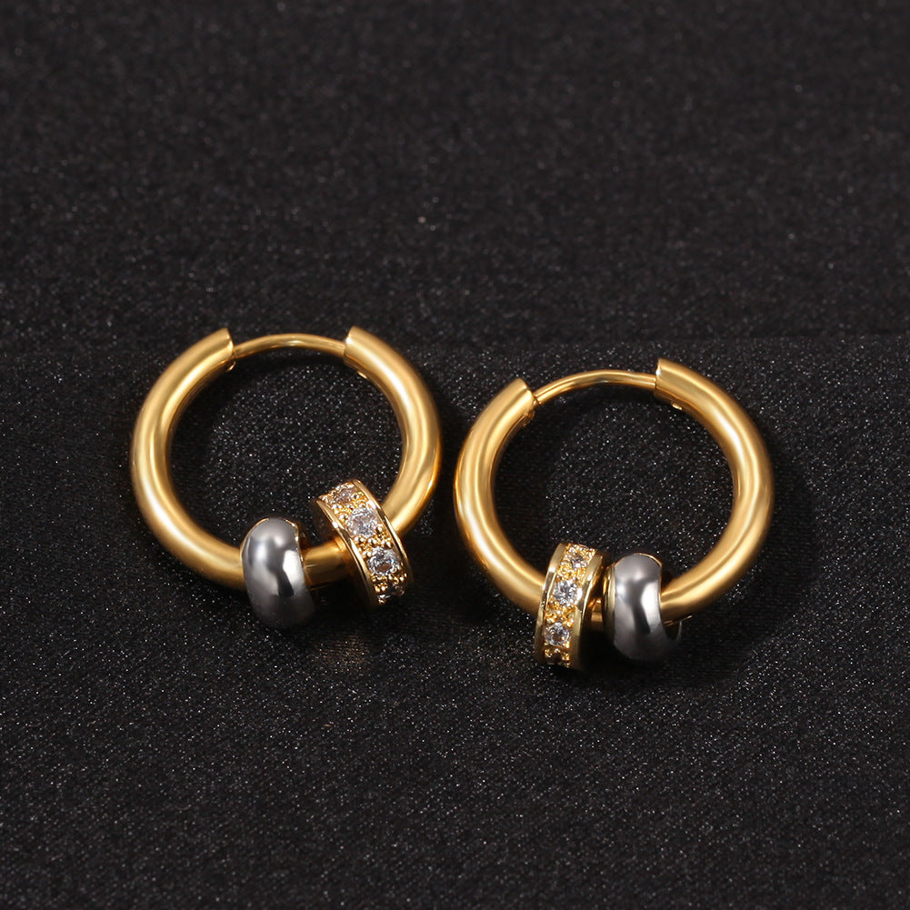 Gold Plated Stainless Steel Round Hoop Earrings with Crystal Accent for Women and Men product image