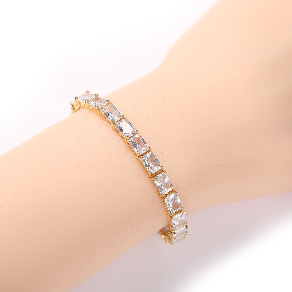 Unisex Cubic Zirconia Tennis Bracelet in Gold or Silver Tone - Geometric Rectangle Statement Chain Bracelet
