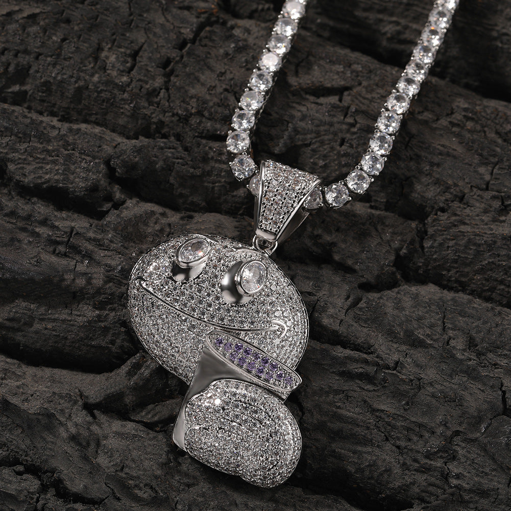 Iced Out Cartoon Face Pendant Necklace with Cubic Zirconia Hip Hop Chain for Women