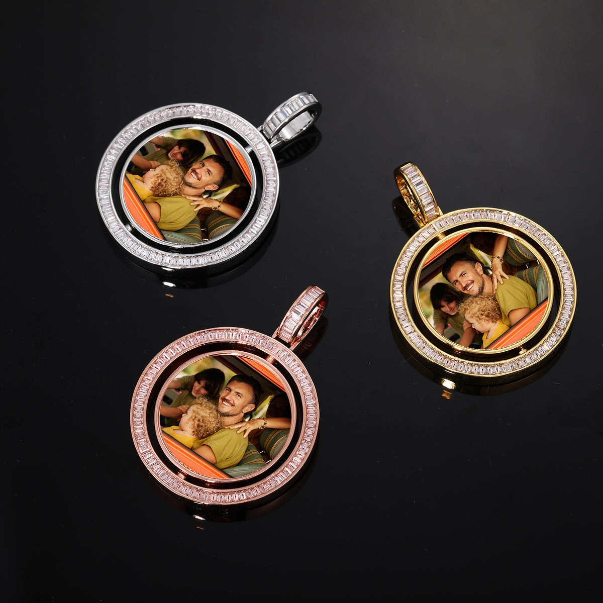 Iced Out Round Photo Pendant Necklace with Cubic Zirconia Rope Chain for Women and Men product image